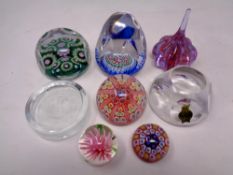 Eight assorted modern glass paperweights including Millefiori examples