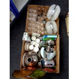 Two boxes of glass ware, 1970's plastic light fittings, metal wall art, tea china,