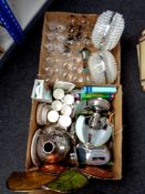 Two boxes of glass ware, 1970's plastic light fittings, metal wall art, tea china,