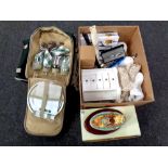 A box of jewellery box, table linen, Yamaha recorder, darts, eye glass, Shillingsbury ornament,