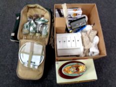 A box of jewellery box, table linen, Yamaha recorder, darts, eye glass, Shillingsbury ornament,