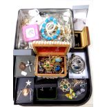A tray of assorted costume jewellery, gent's cuff links, football medal,