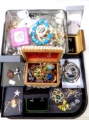 A tray of assorted costume jewellery, gent's cuff links, football medal,