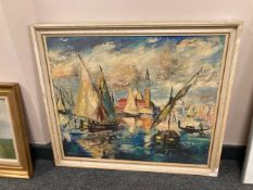 A continental oil on canvas, boats in a harbour,