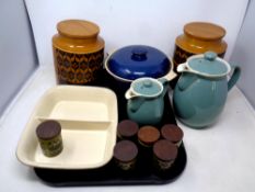 A pair of Hornsea kitchen storage jars, six further spice pots,