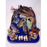 A tray of continental lustre fish ornaments, trout, two figurines,