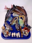 A tray of continental lustre fish ornaments, trout, two figurines,