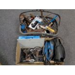 A box and basket of assorted power tools,