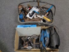 A box and basket of assorted power tools,