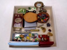 A box of die cast car, card case, trench art pocket knife, further pocket knives,