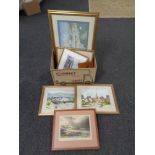 A box of assorted pictures and prints, framed watercolours,