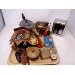 A tray of alcohol miniatures, cuckoo clock, miniature mandolin and violin,