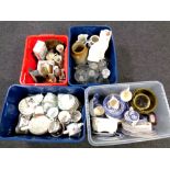 Four crates of assorted pressed glass and ceramics, part English tea services,