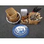 A box of knife block and knives, bowl of wooden fruit, cutlery, utensils, enamel twin handled dish,