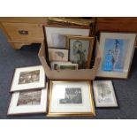 A box of framed pictures and prints, Lionel Edwards circus print,