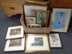 A box of framed pictures and prints, Lionel Edwards circus print,