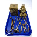 A tray of brass Transvaal money box, tea caddy,