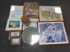 Two boxes of glassware, octagonal mirror,