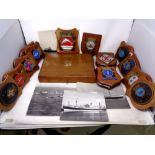 A box of assorted wooden ship's crest plaques,