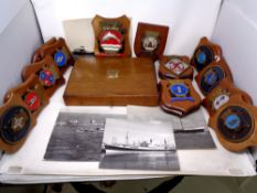 A box of assorted wooden ship's crest plaques,