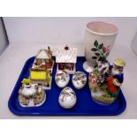 A tray of four Coalport china cottages, three china bird eggs, Maling vase,