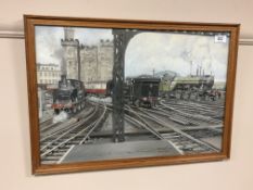 Arthur E Gills : Steam Trains at Newcastle Station, The Keep Beyond, watercolour with bodycolour,