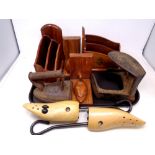 A tray of 19th century cast iron flat iron, cobbler's last, shoe stretchers,
