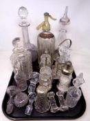 A tray of vintage Schwepps syphon, decanters,