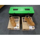 Two pairs of Site work boots size 11 in box, plastic tool box.