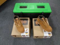 Two pairs of Site work boots size 11 in box, plastic tool box.