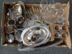 A box of antique and later plated wares,