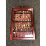 A glazed wall-hanging display cabinet containing twenty four souvenir spoons,