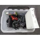 Two crates of Xbox 360 with leads, controllers, accessories and games,