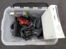 Two crates of Xbox 360 with leads, controllers, accessories and games,