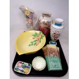 A tray of ceramics including Carlton leaf bowl, Maling, Wade Heath Deco wall pocket,