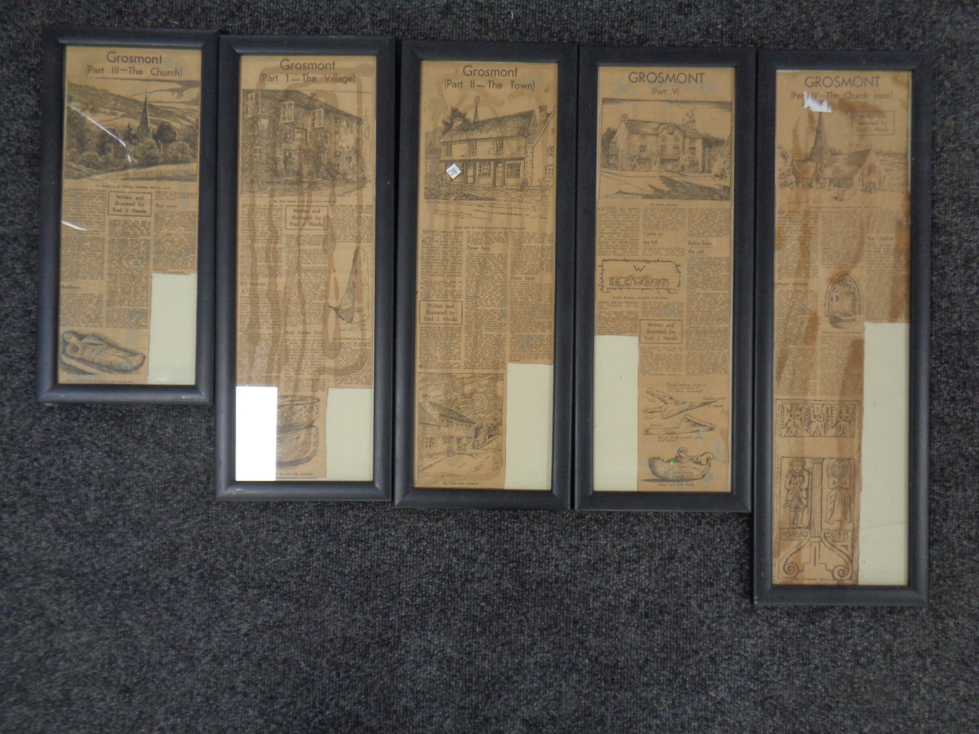 Five framed Victorian newspaper cuttings,