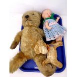 A tray of vintage mohair teddy bear, similar toy in the form of a lamb labelled pedigree and a