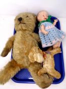 A tray of vintage mohair teddy bear, similar toy in the form of a lamb labelled pedigree and a