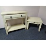 A contemporary cream single drawer hall table and a lamp table