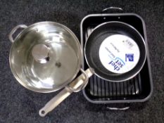 A box of kitchen pans,