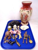 A tray of Wade tortoises, fox door knocker, painted glass vase,