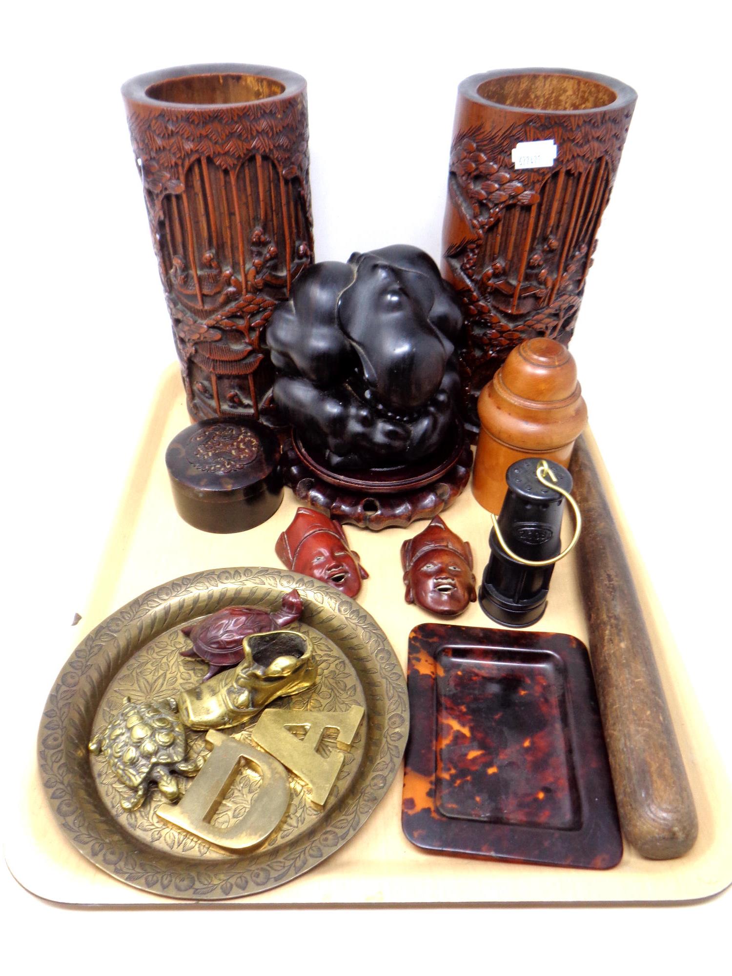 A tray of carved Chinese bamboo brush pots, Chinese hardwood carving of a weeping figure,