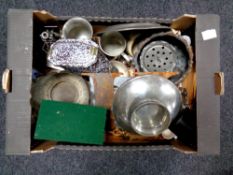 A box of antique and later metal ware, coaster set,