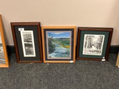 Three David Belilios pictures to include : watercolour of a river and two prints signed in pencil