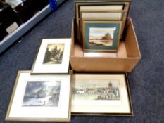 A box of antique and later pictures, hand coloured engraving Northumberland races 1826,