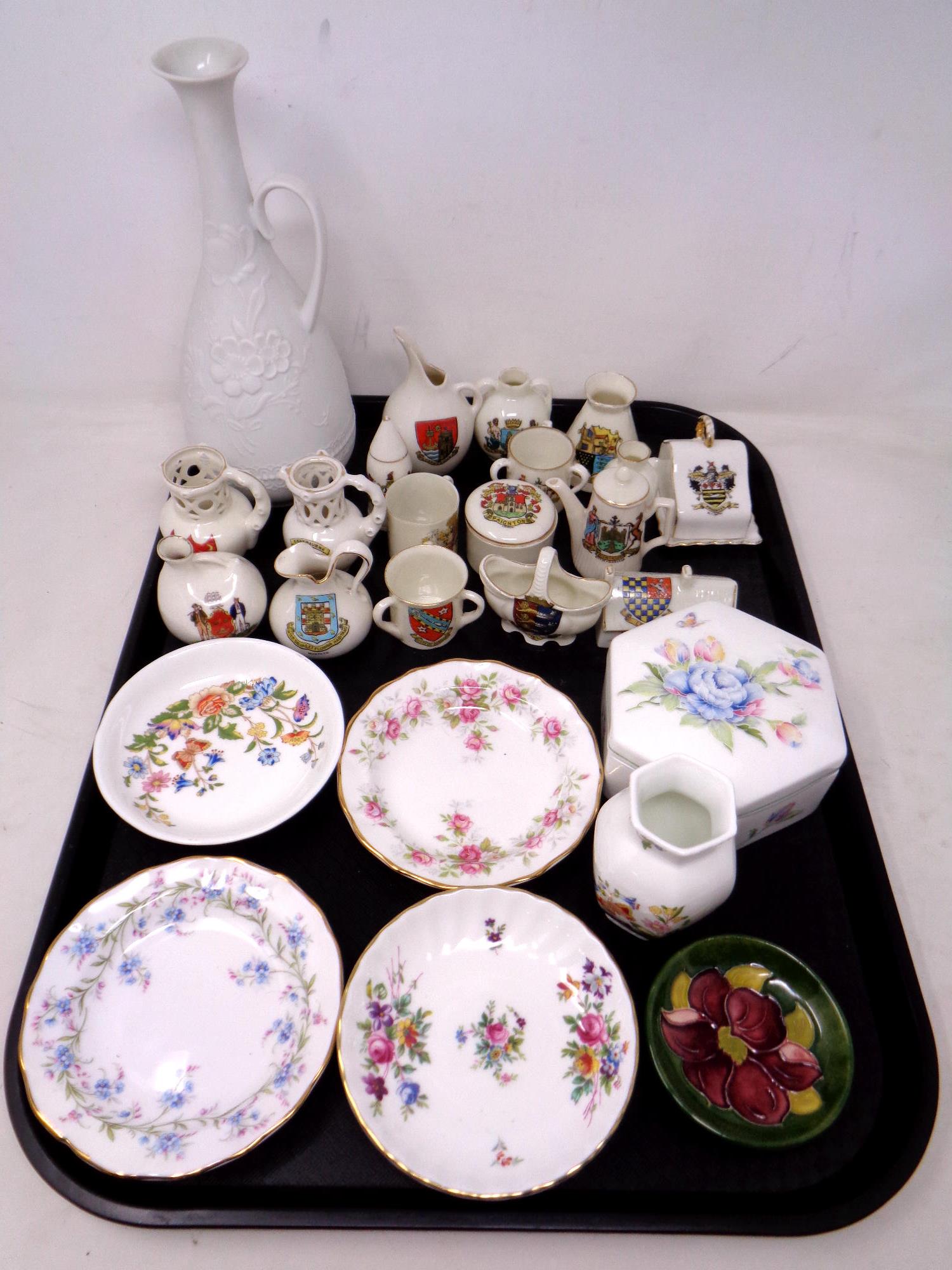 A tray of crested china, Moorcroft pin dish, porcelain dishes including Aynsley,