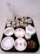 A tray of crested china, Moorcroft pin dish, porcelain dishes including Aynsley,