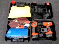 Two plastic tool boxes containing Black and Decker drill,