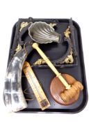 A tray of wooden gavel, pair of cast iron brackets, vintage thermometer,