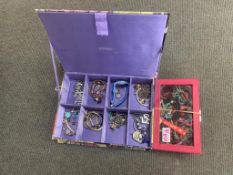 Two boxes of costume jewellery - rings, necklaces, bracelets, trinkets, fobs, watch, etc, etc.